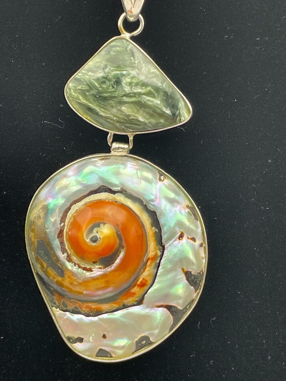 925 Pendant Natural Russian Seraphinite Sea Snail 14" Sterling Herringbone Chain
